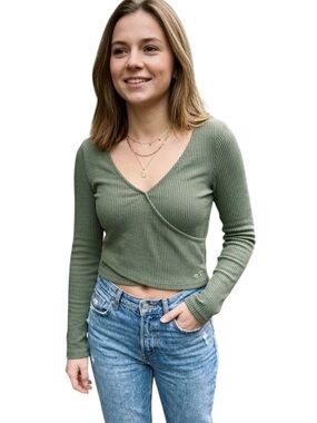 Hollister Ribbed Faux Wrap Long Sleeve Crop Top Olive Green S